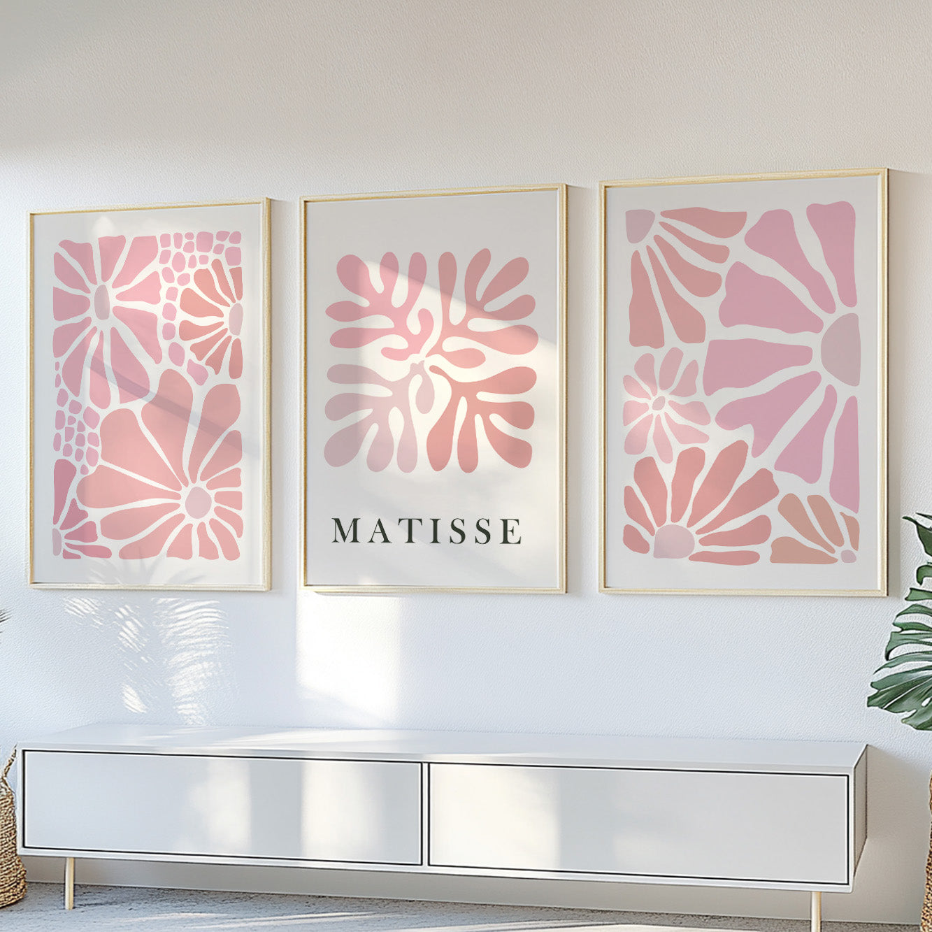 Abstract pink floral Matisse print set of 3. Neutral minimalist mid century gallery wall set, vintage trendy  poster set