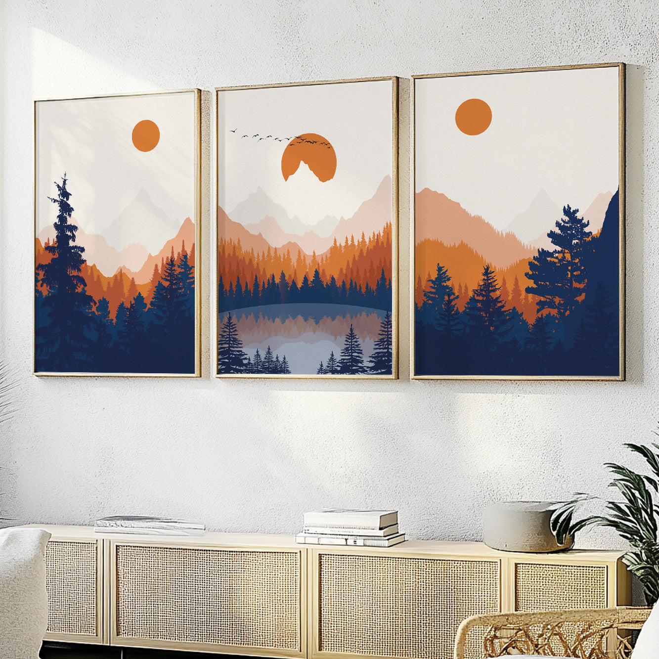 Three Piece Abstract Mountain Print Set – Modern Orange and Blue Minimalist Landscape Poster