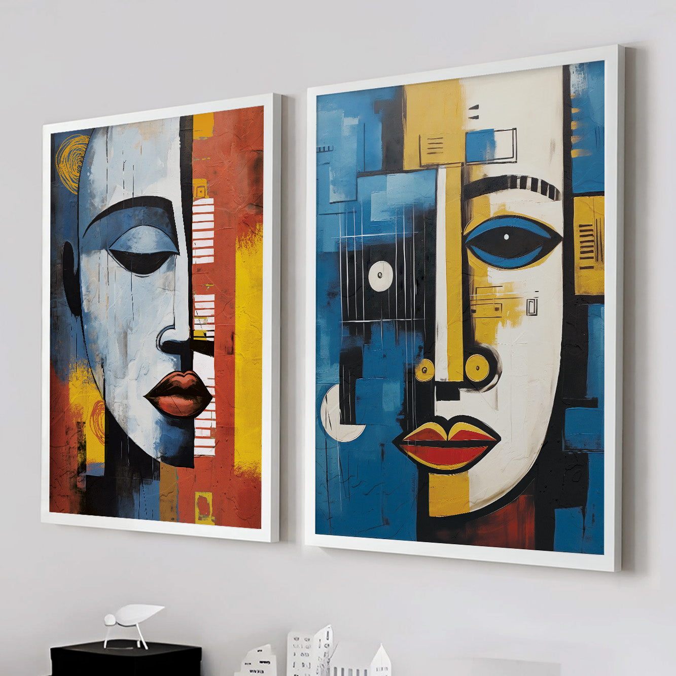 Contemporary African wall art set of 2 prints – abstract woman and man portrait wall art, colorful above bed art, aesthetic room decor