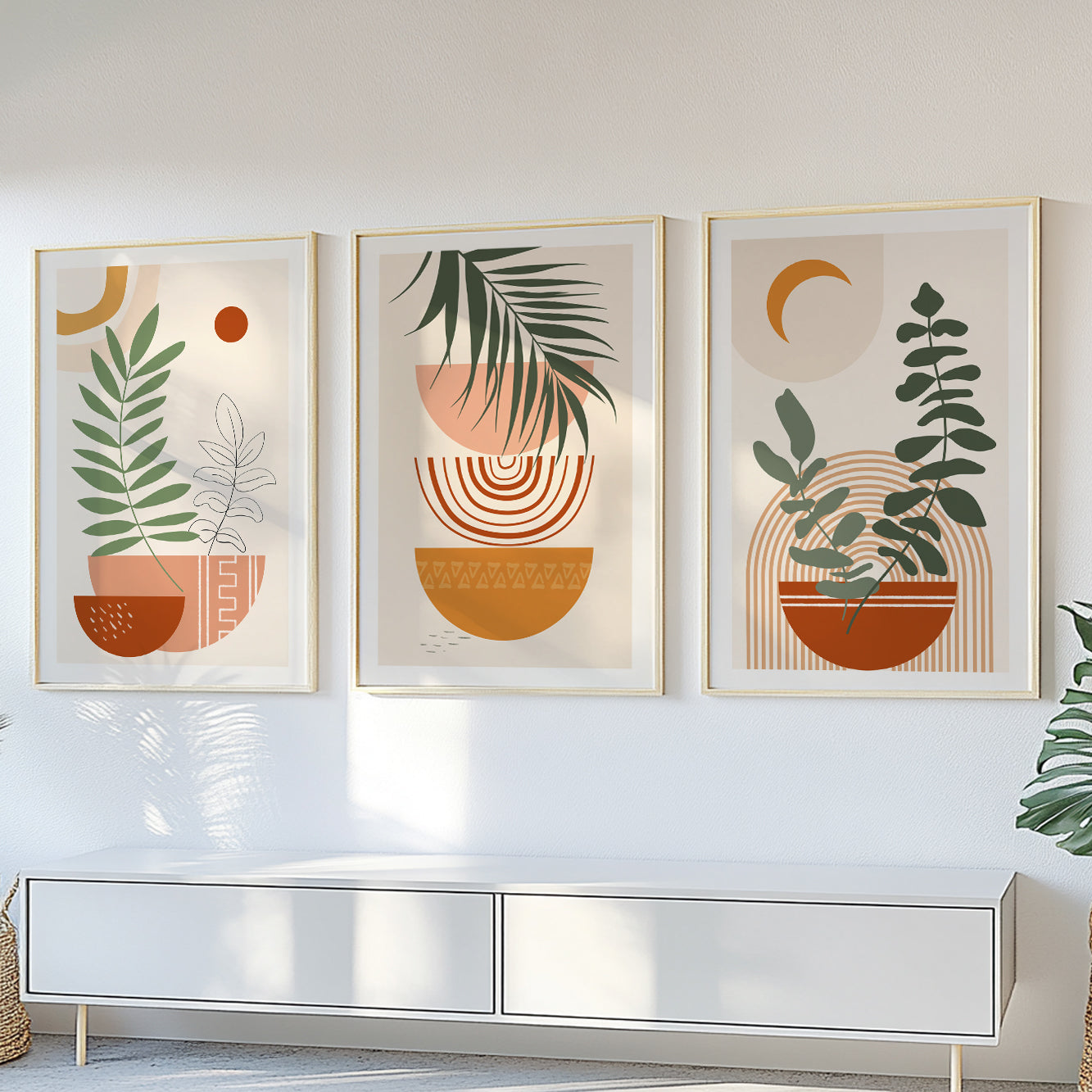 Terracotta beige boho print set of 3. Mid century modern neutral wall art posters. Bohemian livingroom, above bed large gallery wall art