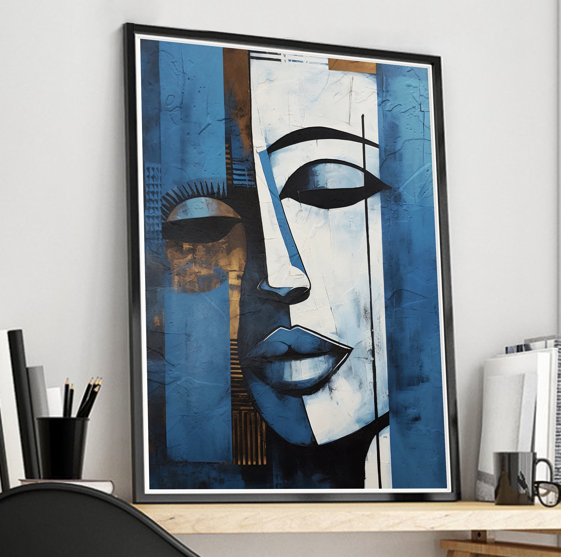 Navy blue grey woman abstract painting print – contemporary African American art, modern woman portrait