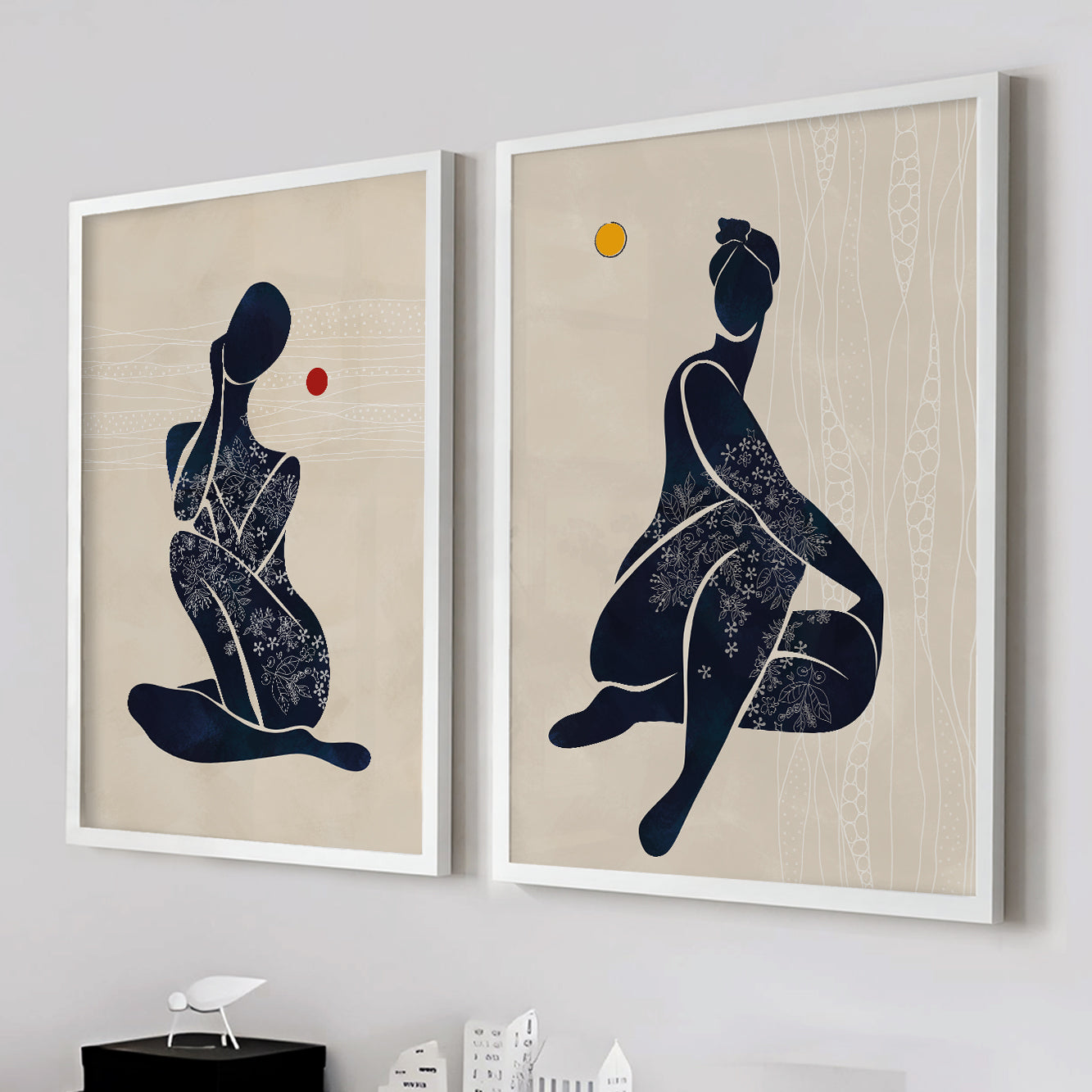 Neutral modern African American art print set of 2 – black woman portrait, minimalist above bed wall decor