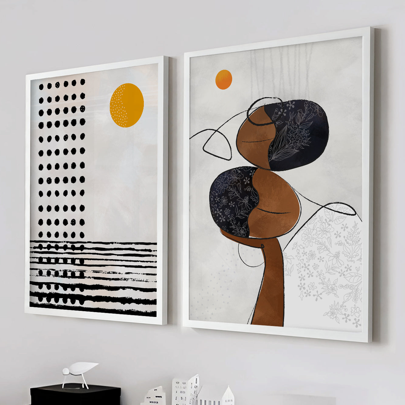 Mid-century modern neutral African American art set of 2 – contemporary living room abstract black woman gallery wall set, above bed decor