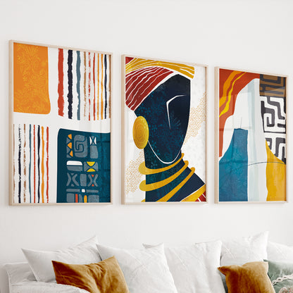 African Abstract Gallery Set of 3 – Colorful Black Woman Art for Living Room