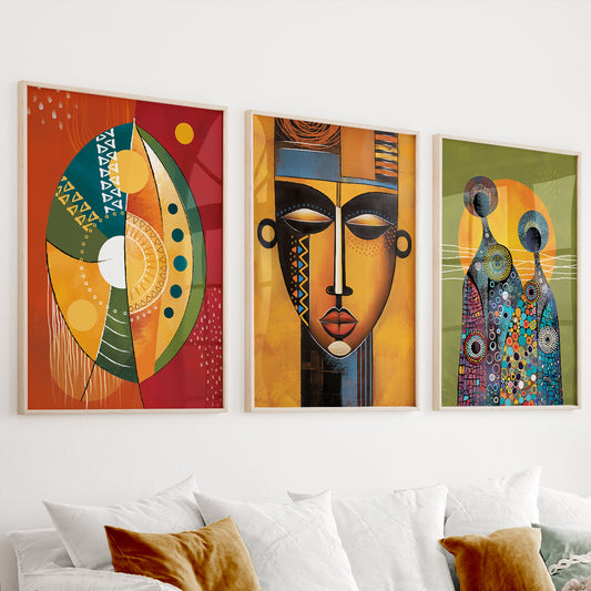 Abstract African American art set of 3 prints, black wall art, ethnic gallery wall set for above bed decor