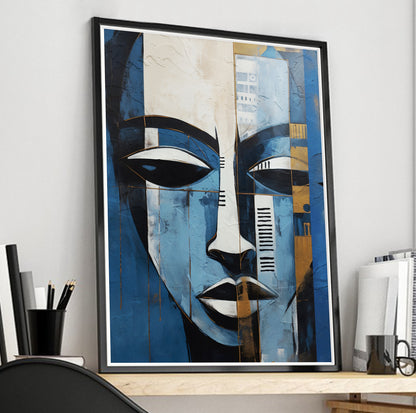 Navy blue grey woman abstract painting print – contemporary African American art, modern woman portrait