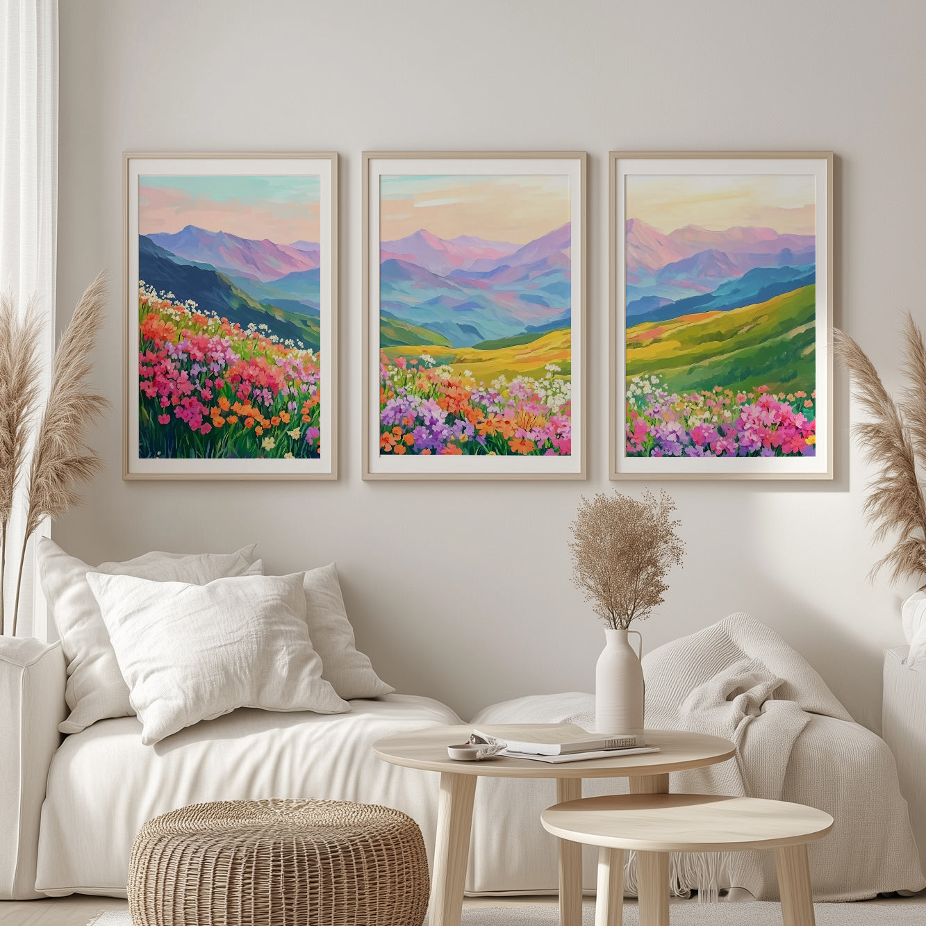 Modern Boho Mountain Wild Flowers Wall Art Set – Colorful Landscape Posters for Aesthetic Room