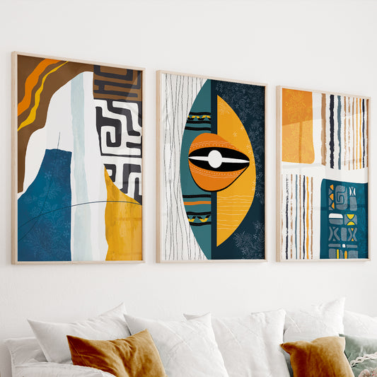 Modern African American art set of 3 – abstract colorful prints, tribal ornament gallery wall decor, minimalist above bed wall art