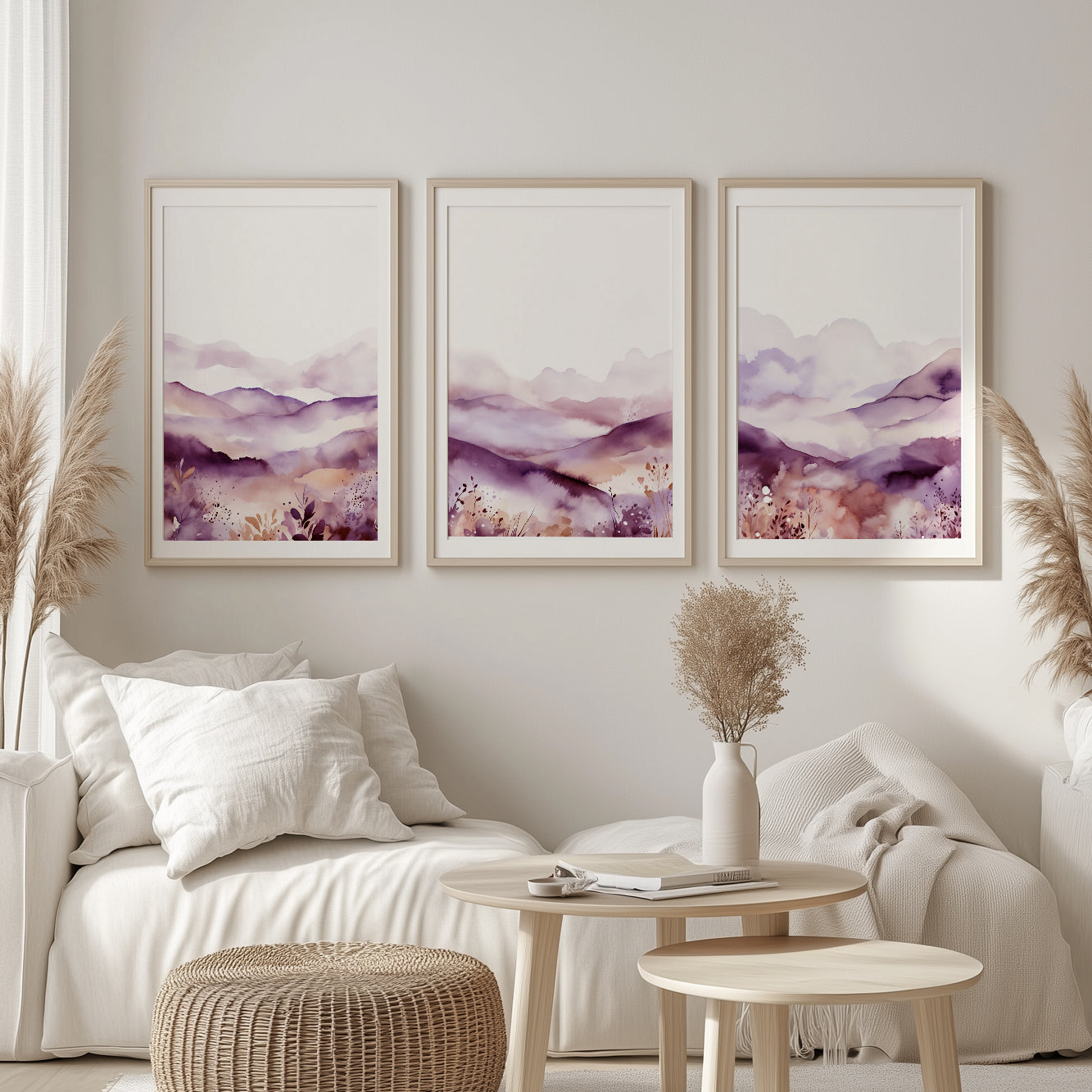 Set of 3 Purple Minimalist Mountain Prints – Modern Watercolor Nature Landscape Wall Art