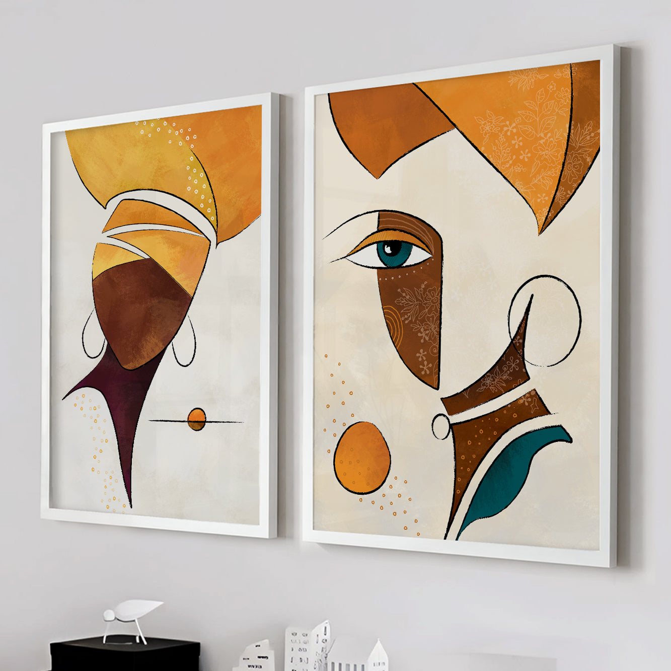 Set of 2 modern African American art prints, abstract black woman portrait and girl faces