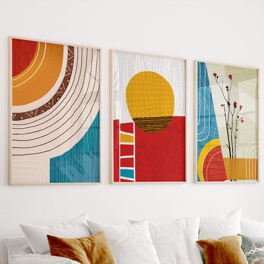 Contemporary colorful abstract African wall art set of 3 prints – modern minimalist African American decor