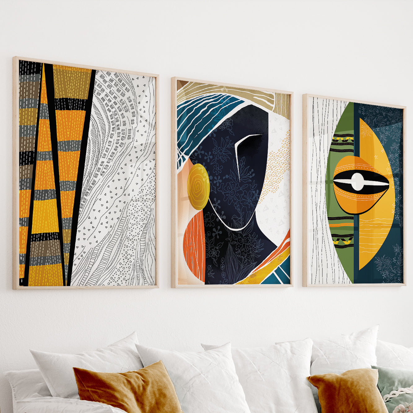 African American art set of 3 prints – modern colorful abstract gallery wall decor with black woman portraits