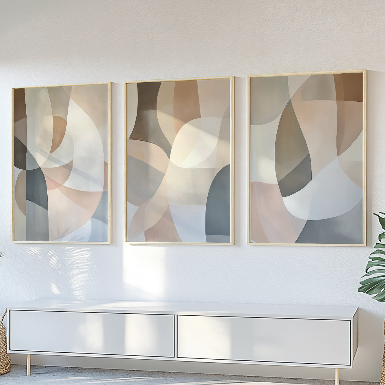 Pastell minimalistisches abstraktes 3er-Set – gedämpfte neutrale Wandkunst