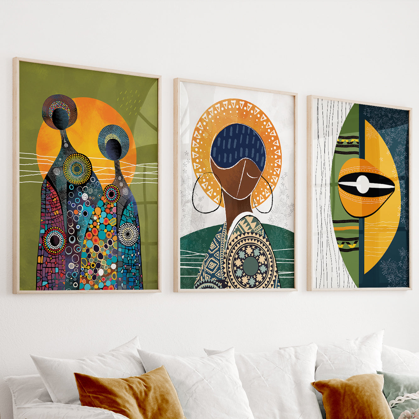 Colorful abstract African American art set of 3 prints, ethnic women gallery wall set for modern apartment decor