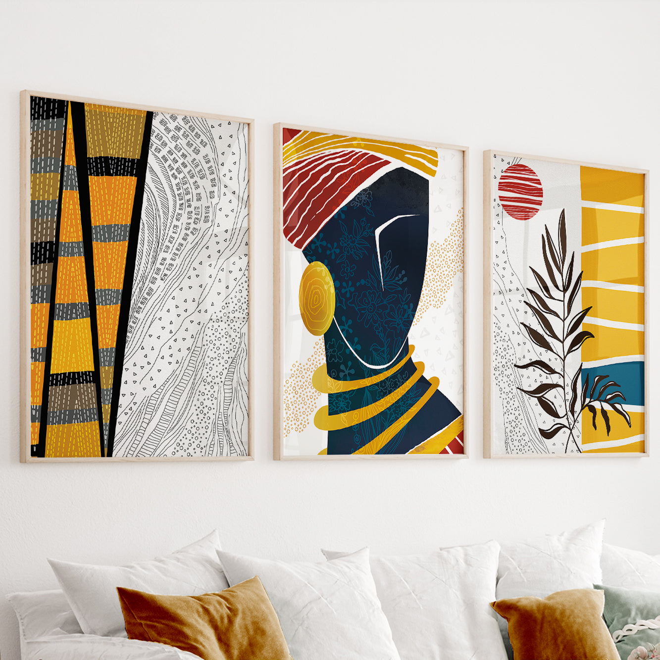 Modern African American art set of 3 prints – black woman art, bright abstract ethnic poster, minimalist girl face drawing