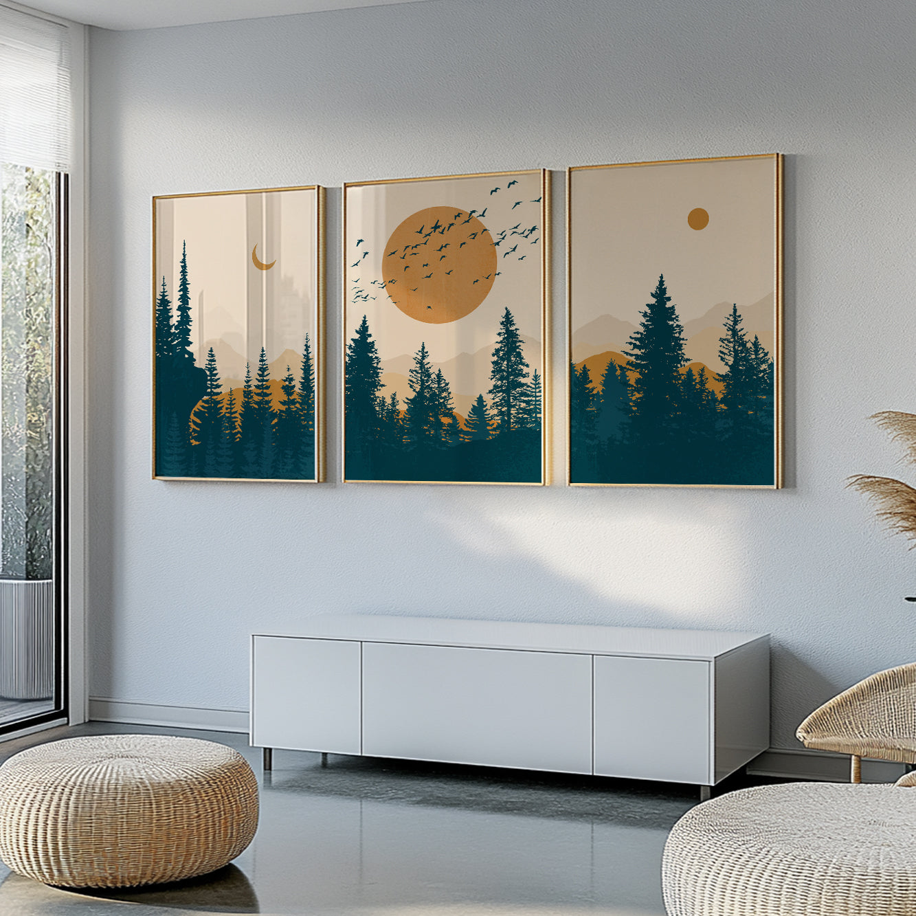 Set of 3 Mountain Wall Art Prints – Mid Century Modern Abstract Terracotta and Deep Blue Minimalist Landscape Posters