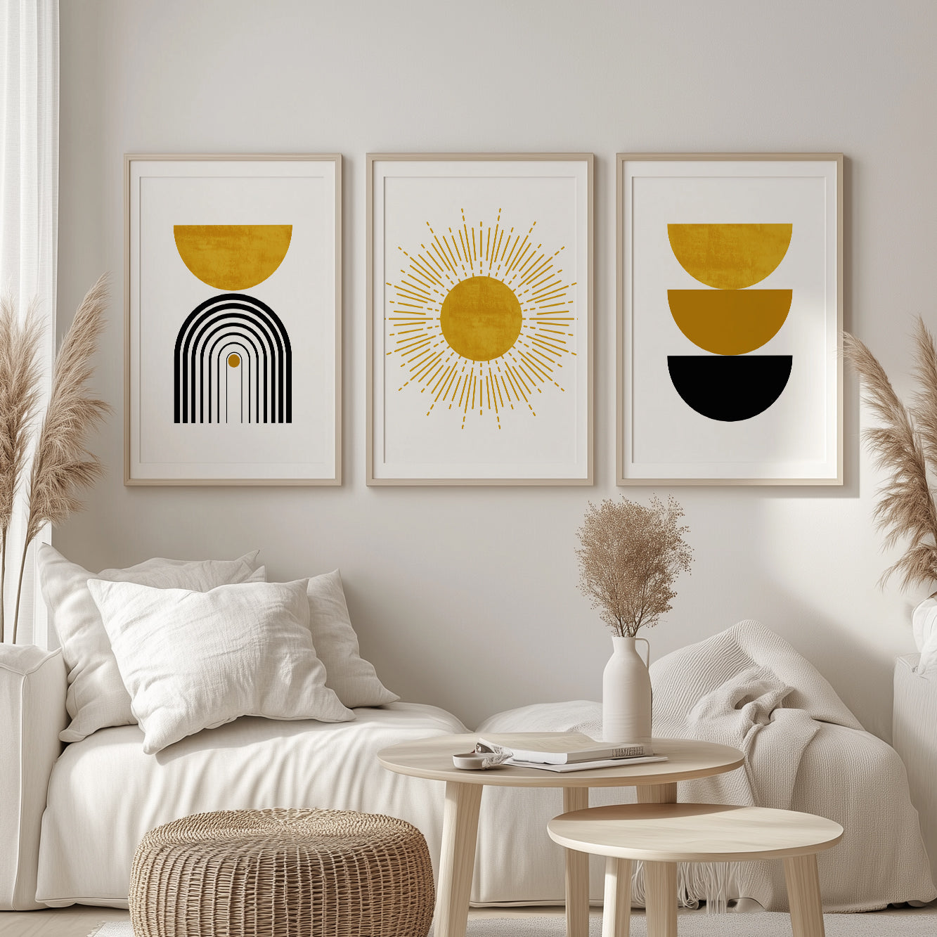 Black mustard yellow boho wall art set of 3 print.