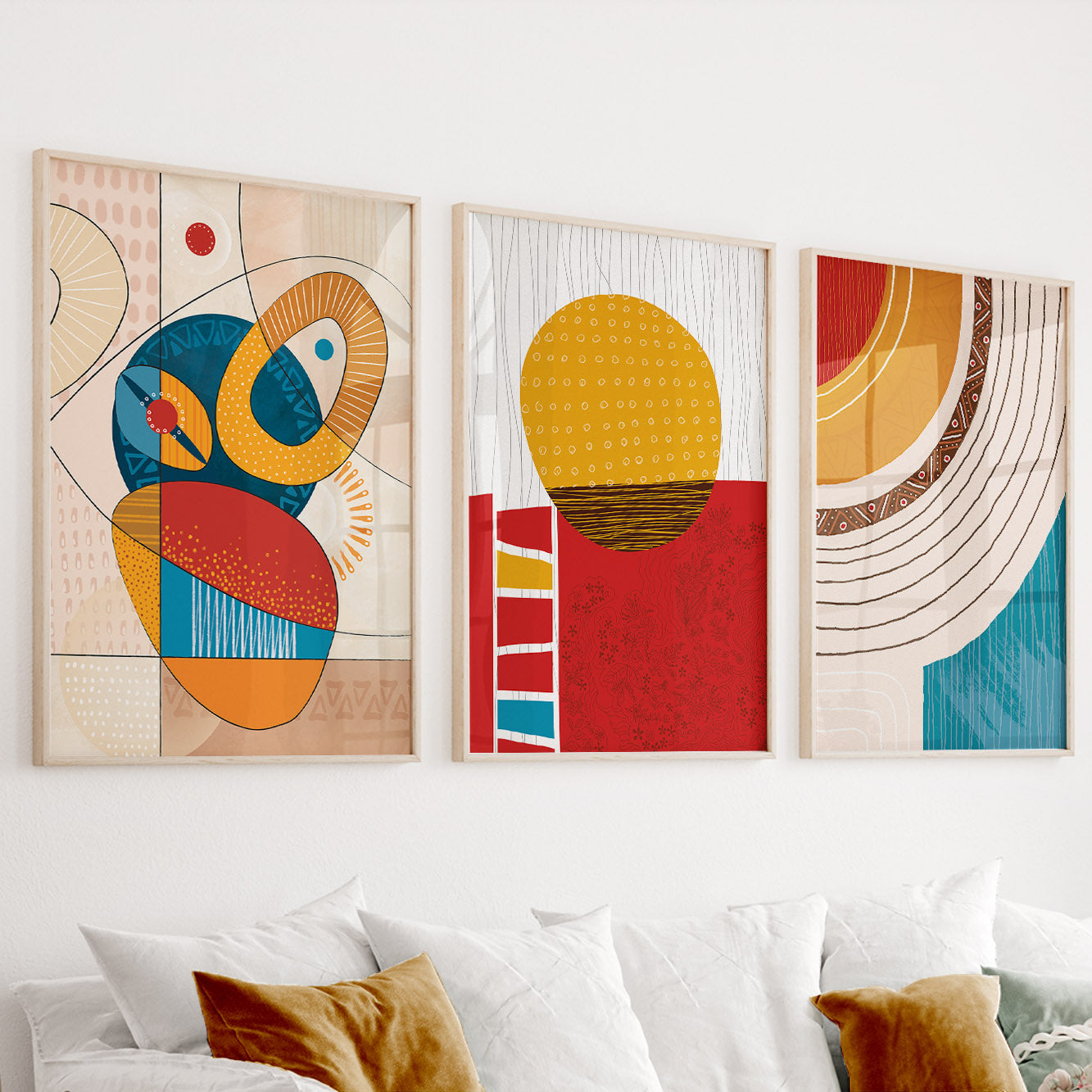 Modern abstract African art set of 3 – colorful gallery wall prints with tribal ornament