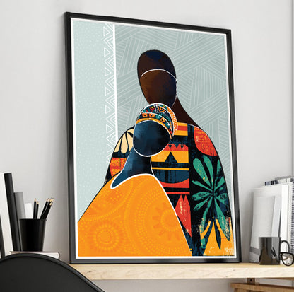 Colorful abstract black lovers print – modern African couple silhouette, bedroom wall art, contemporary figurative decor