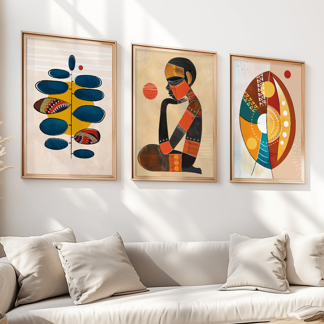 Modern abstract African art set of 3 prints – ethnic minimalist gallery wall, aesthetic above bed room decor