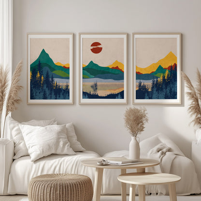 Set of 3 Colorful Abstract Mountain Prints – Modern Minimalist Landscape Poster for Apartment Decor