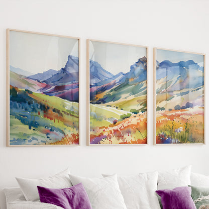 Colorful Abstract Mountain Art Set of 3 – Bright Minimalist Landscape Gallery Wall