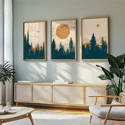 Mountain Landscape Wall Art Set of 3 – Mid Century Modern Abstract Terracotta and Deep Blue Living Room Posters