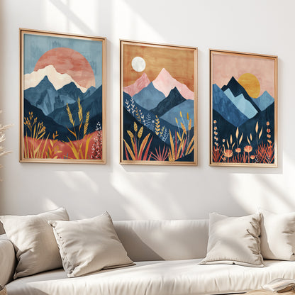 Colorful Boho Mountains Wall Art Set of 3 – Mid Century Decor for Living Room