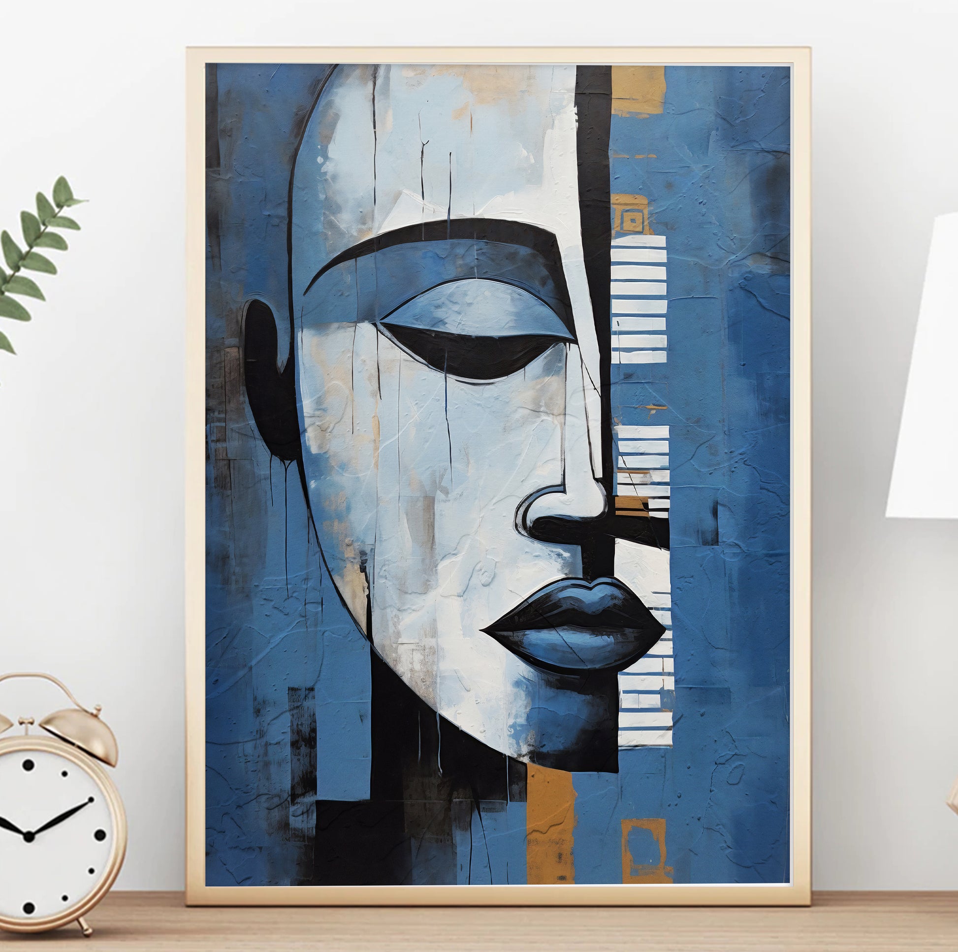 Minimalist abstract woman portrait – navy blue and grey painting, modern African American wall art