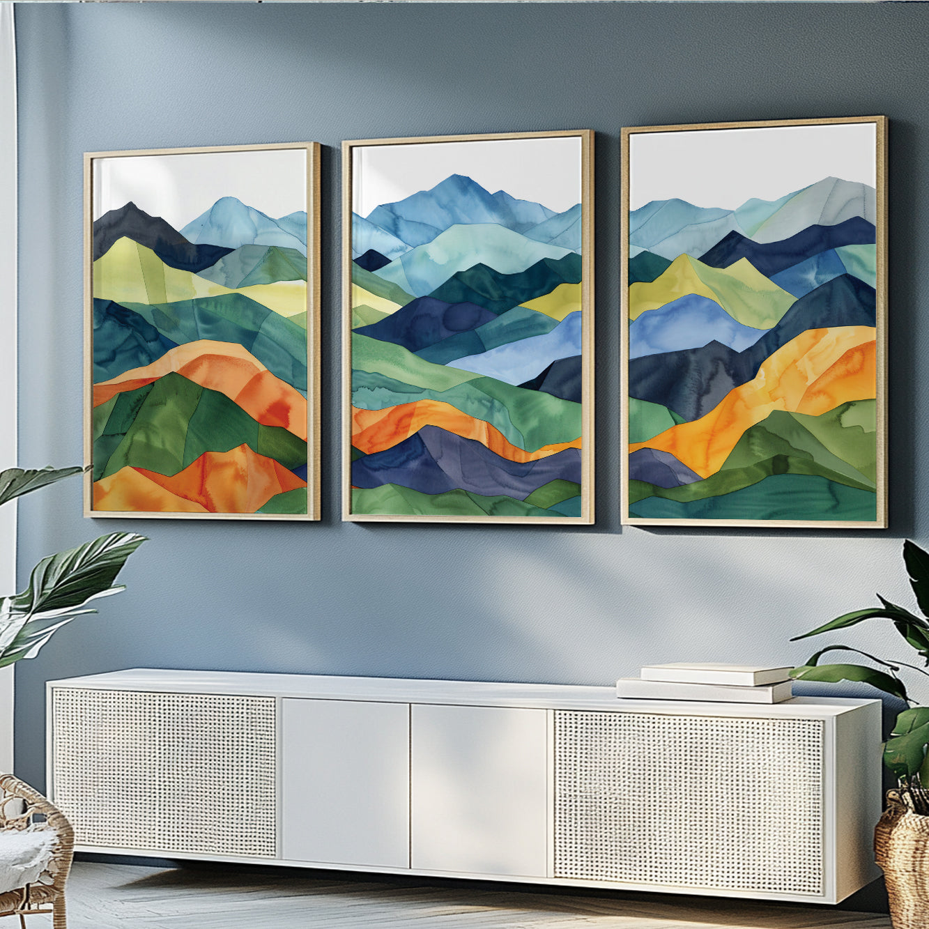 Mid Century Modern Mountain Wall Art Set of 3 – Colorful Abstract Paintings for Large Wall Art