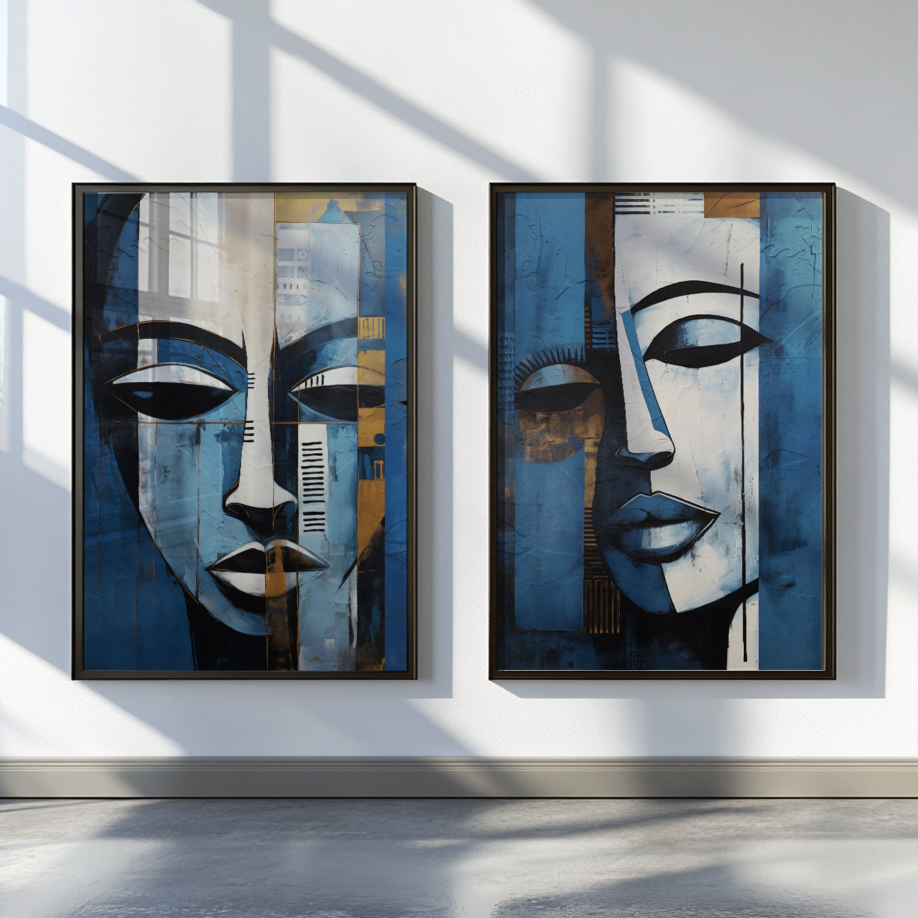 Minimalist navy blue abstract female face prints, set of 2 modern wall decor