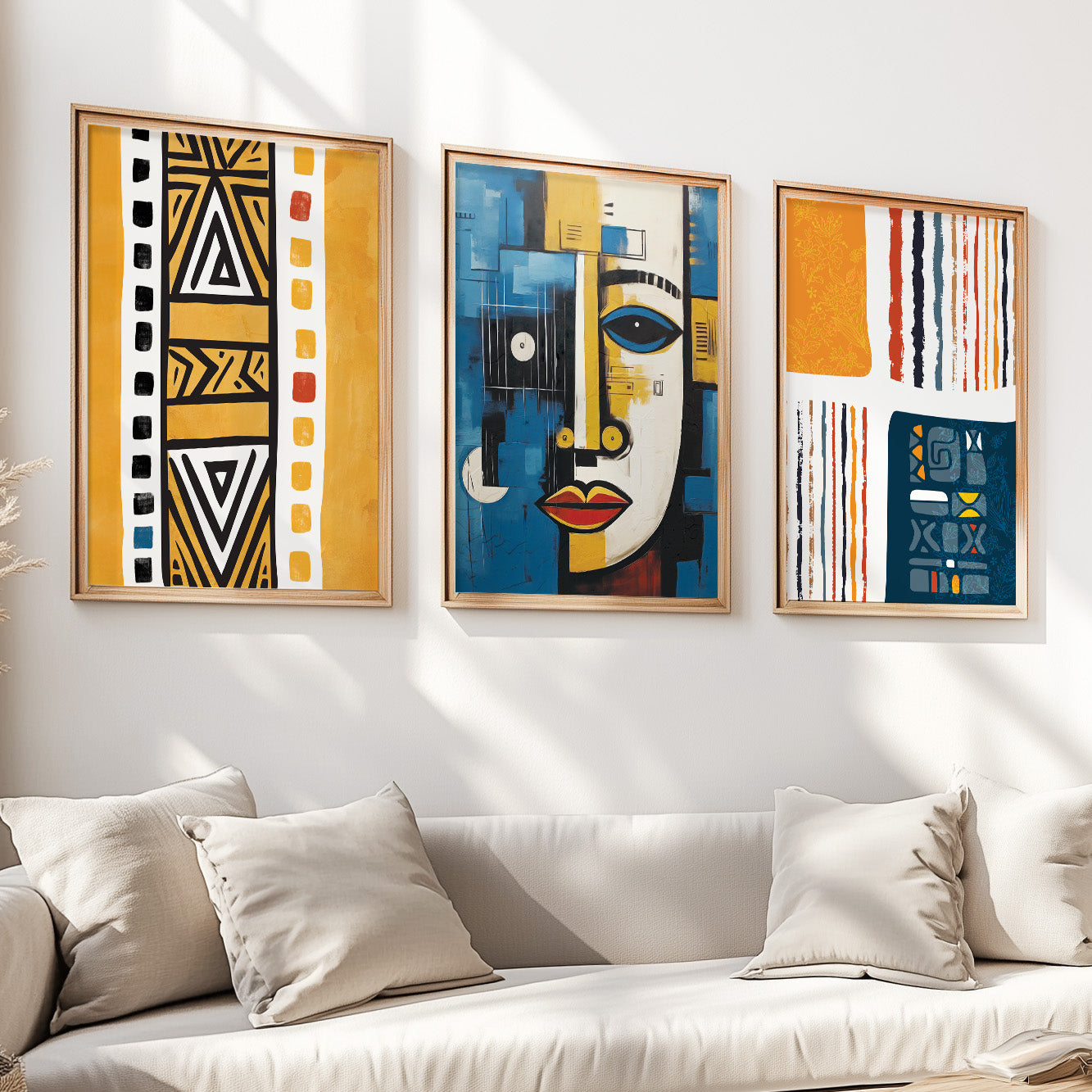 Navy Blue & Yellow African Art Set of 3 – Abstract & Ethnic