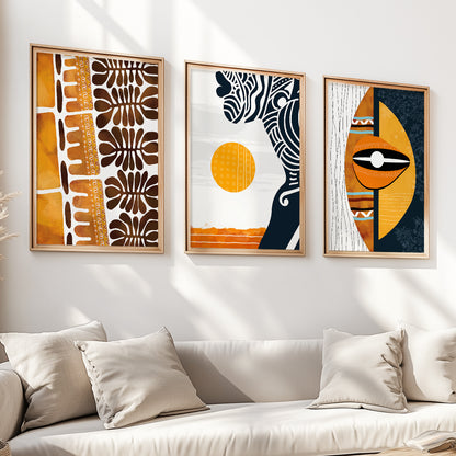 Modern African American art set of 3, abstract black woman portrait prints for living room decor