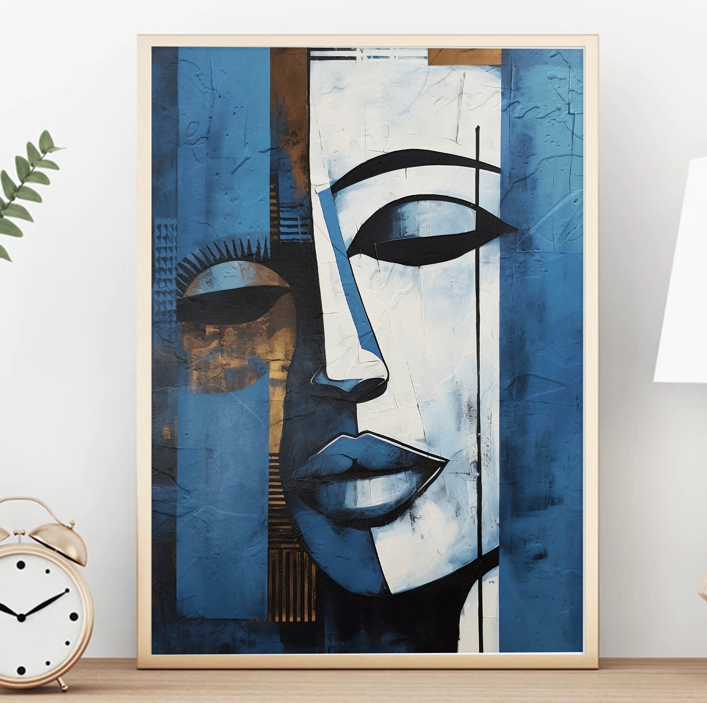 Minimalist abstract woman portrait – navy blue and grey contemporary painting, African American art