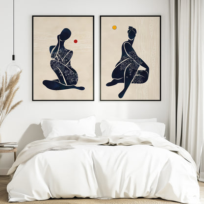 Set of 2 neutral African American art prints – abstract black woman figures, modern minimalist bedroom wall art