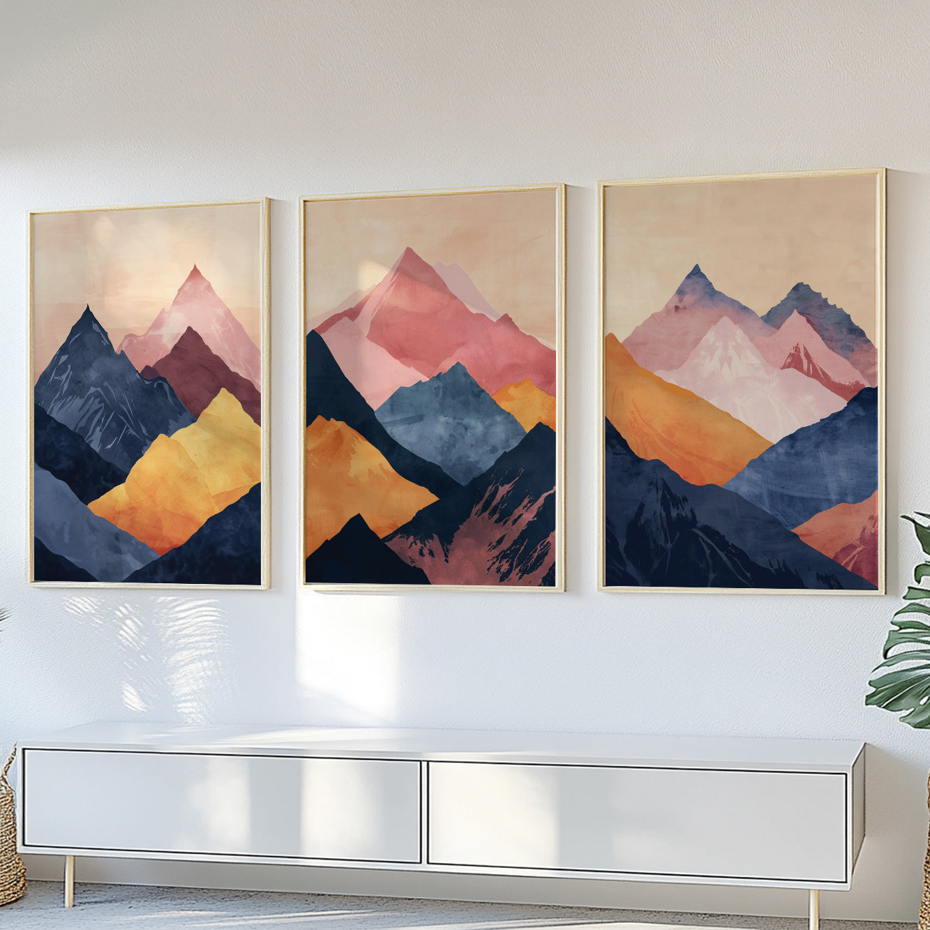 Vibrant Abstract Mountain Set of 3 Prints – Navy Blue Pink Minimalist Nature Wall Art