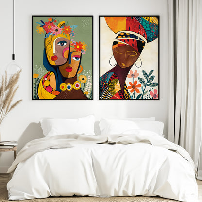 Set of 2 modern African American art prints, bright black woman portrait