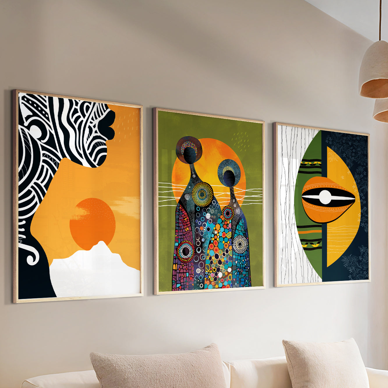 Colorful abstract African art set of 3 prints, featuring black woman portrait and vibrant figures