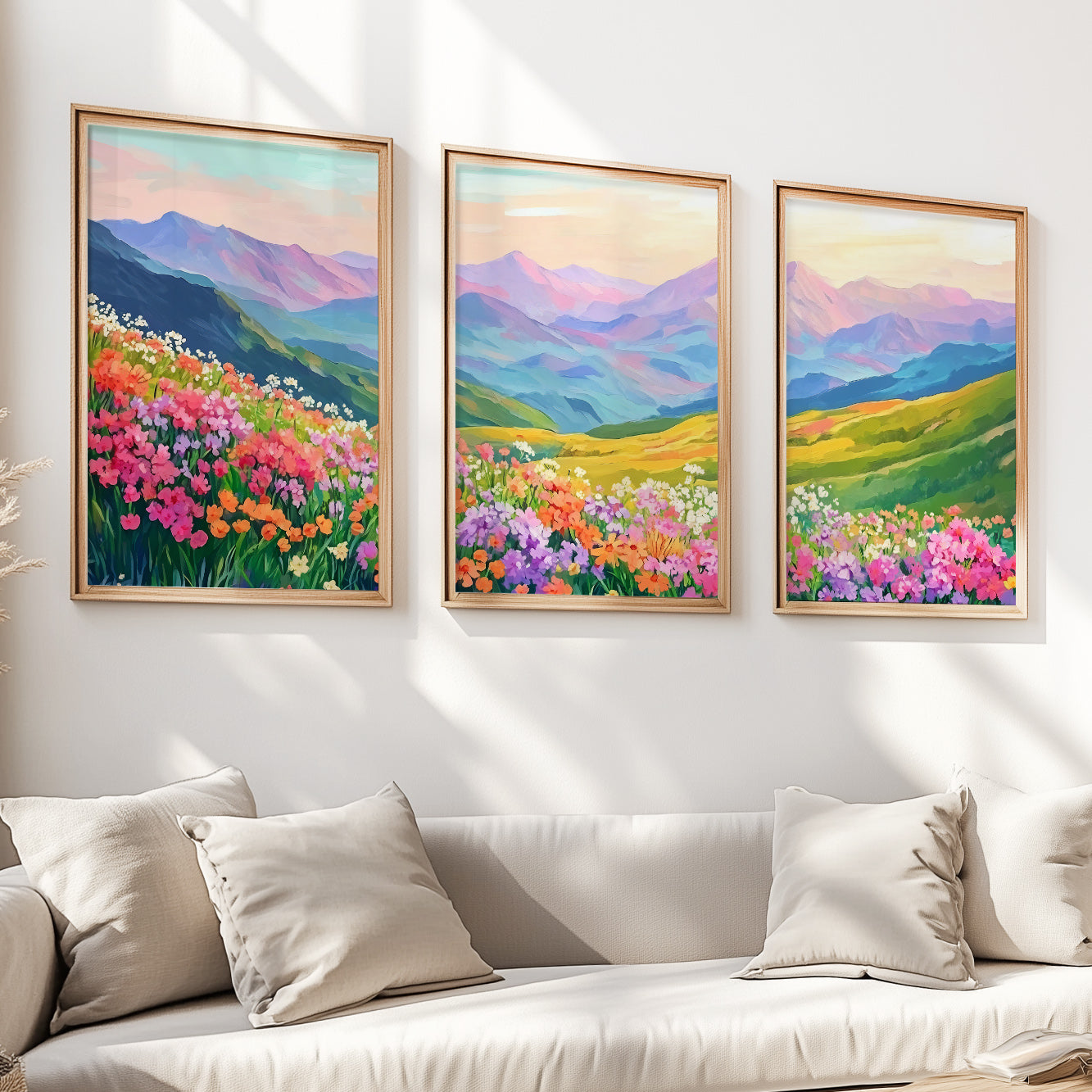 Mountain Wild Flowers Landscape Wall Art Set of 3 – Colorful Boho Nature Posters for Room Decor