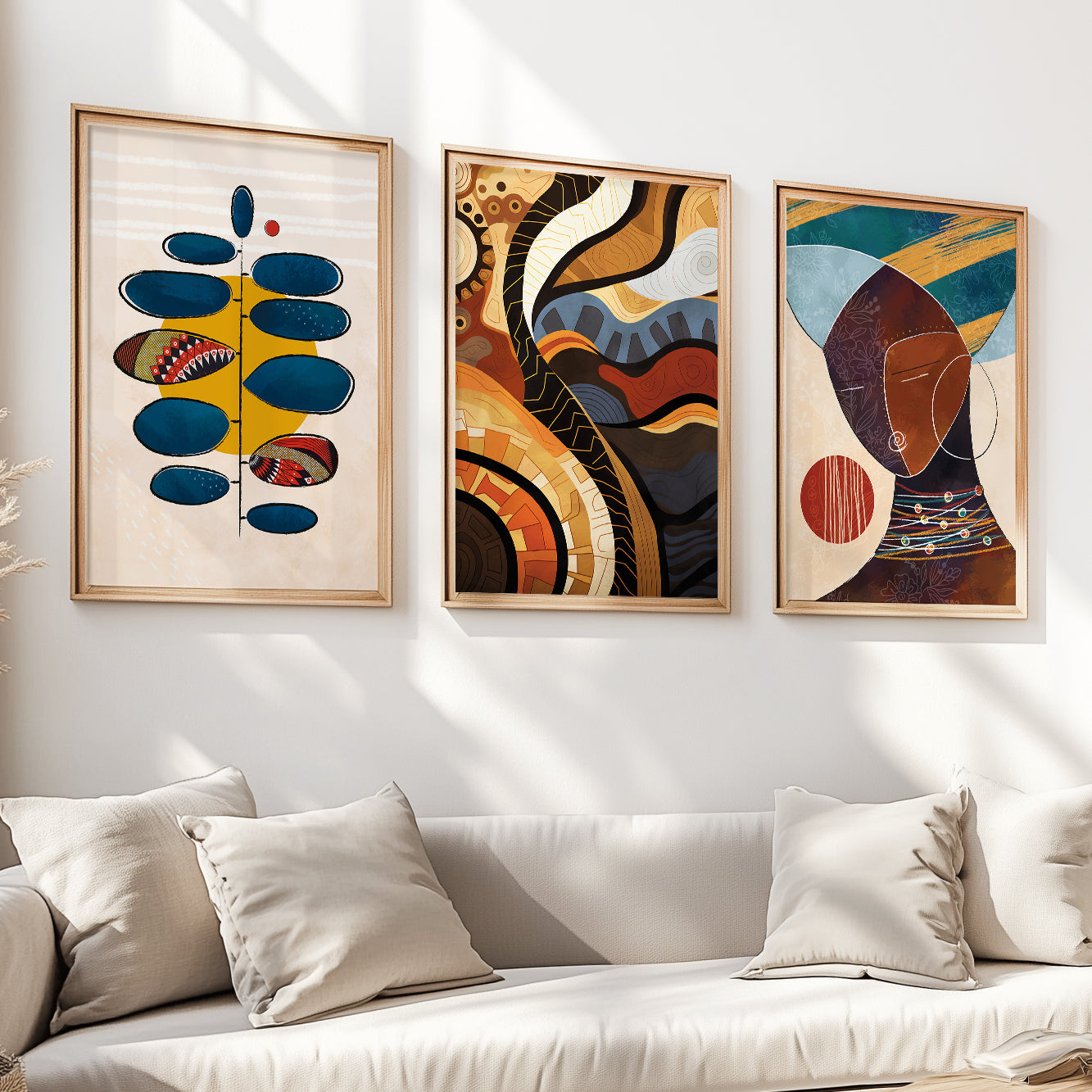 Abstract ethnic black woman gallery wall set of 3, contemporary colorful African American prints