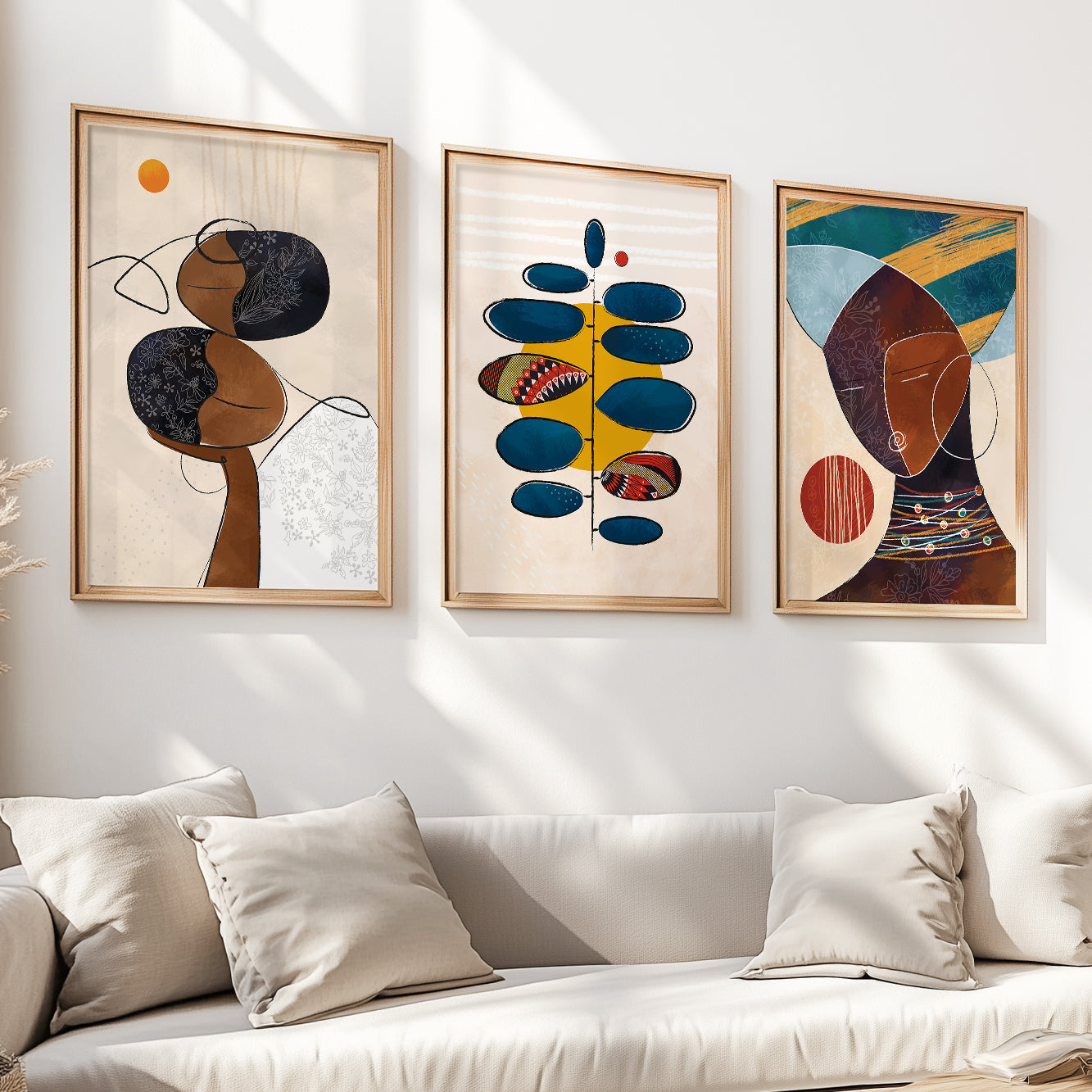 Contemporary African American art set – colorful abstract black couple prints, minimalist bedroom gallery wall decor