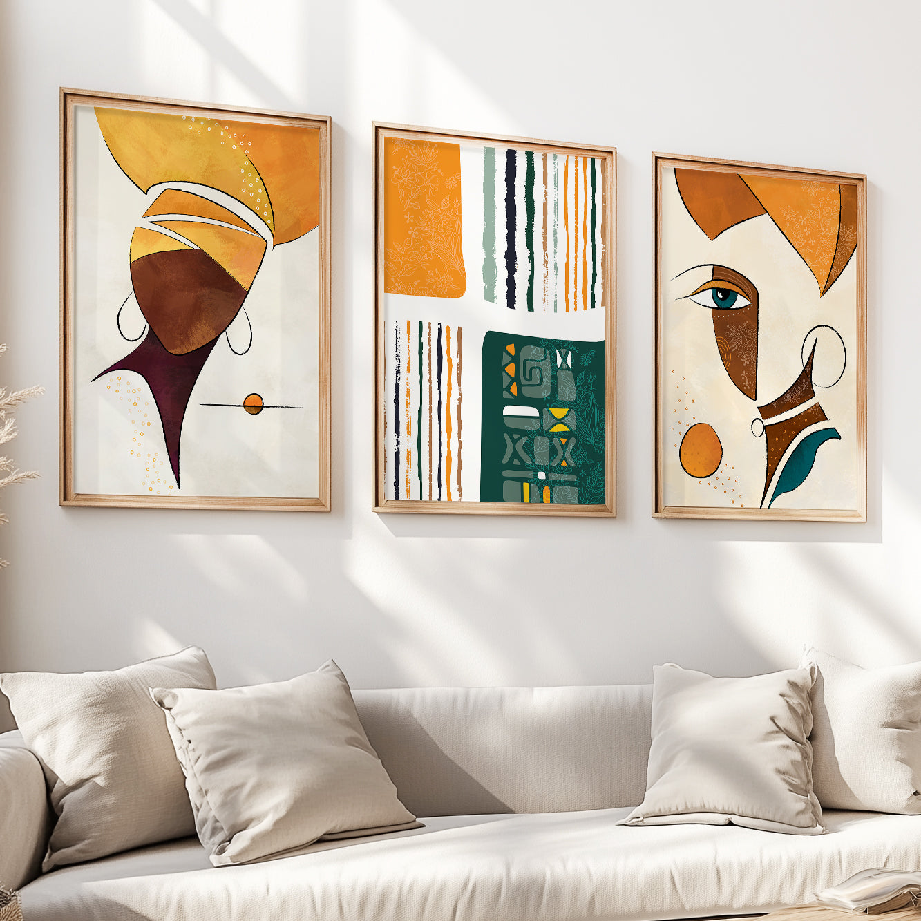 Modern abstract African art set, 3 extra large ethnic women posters for gallery wall and vibrant room decor