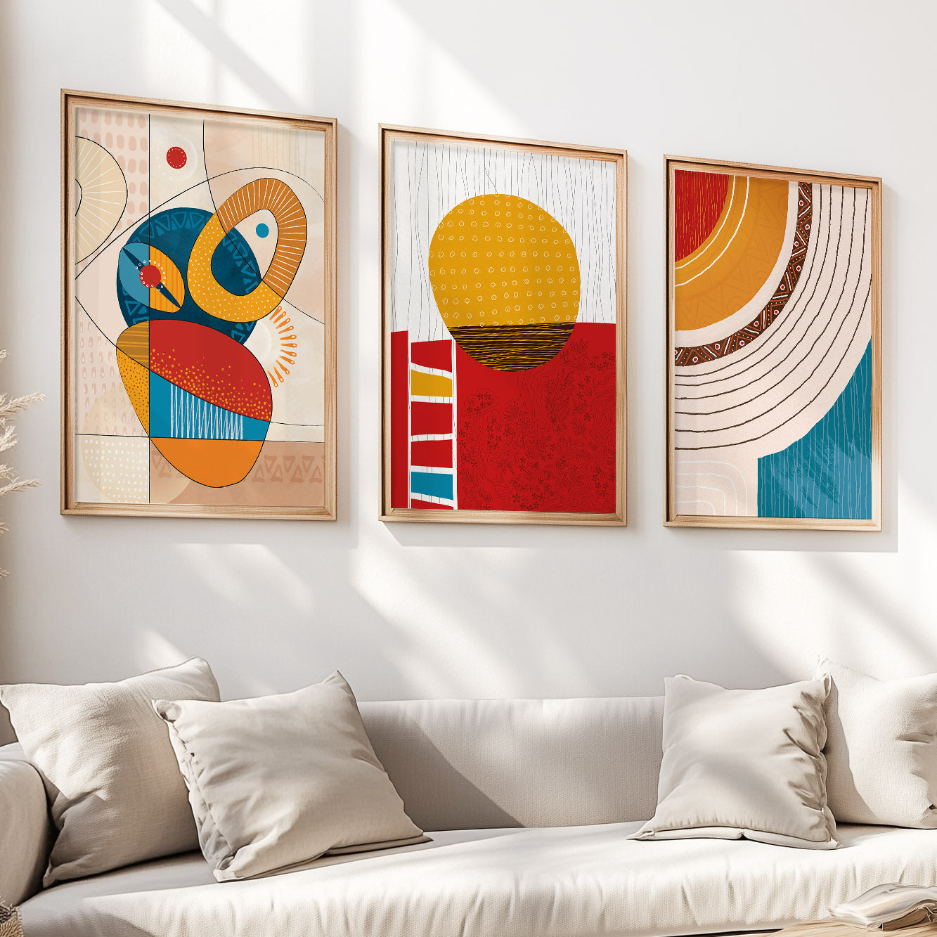 Colorful African abstract art set of 3 – contemporary tribal ornament posters for home