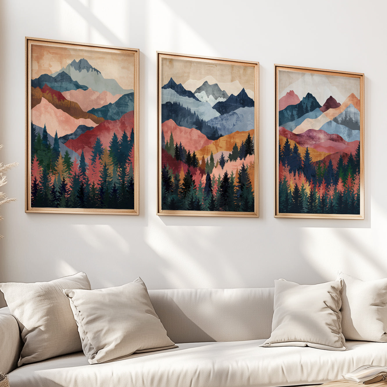 Colorful Mountain Wall Art Set of 3 – Nature Boho Gallery, Mid Century Modern Landscape Posters