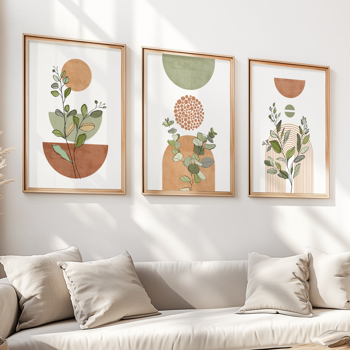 Terracotta green boho gallery wall set of 3. Mid century modern neutral wall art poster. Bohemian livingroom, above bed large prints