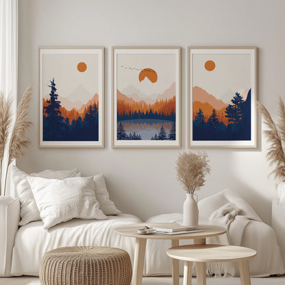 Set of 3 Abstract Mountain Prints – Modern Orange Deep Blue Minimalist Aesthetic Art