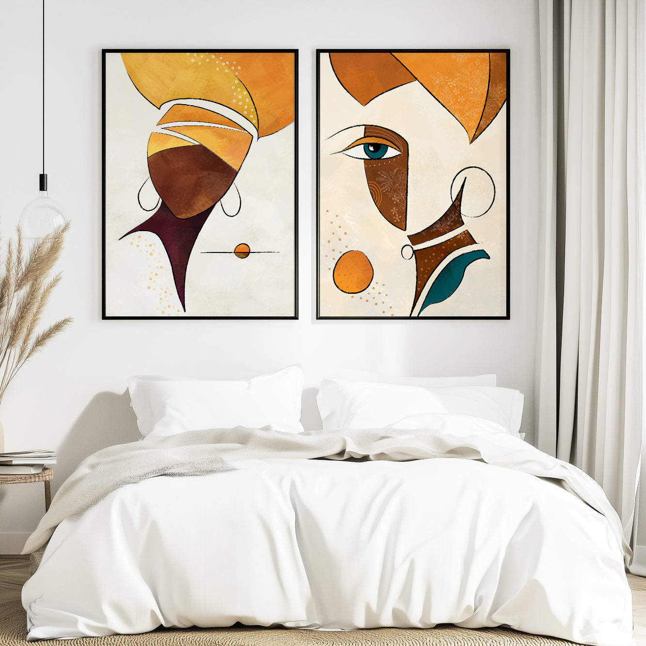 Set of 2 minimalist African American art prints, black woman portraits and abstract girl faces