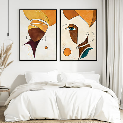 Set of 2 minimalist African American art prints, black woman portraits and abstract girl faces