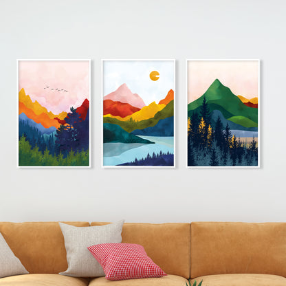 3 Piece Vibrant Abstract Mountain Prints Set – Scandinavian Colorful Modern Nordic Landscape Wall Art