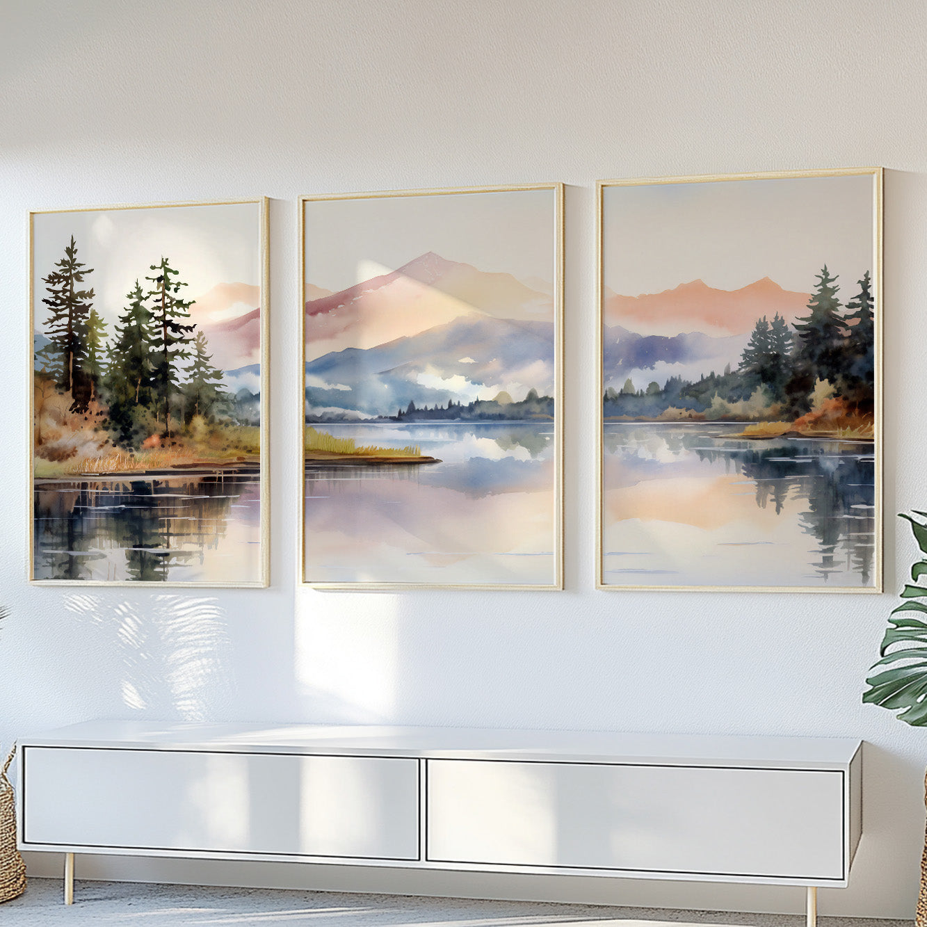 Pastel Landscape Wall Art Set of 3 – Eclectic Mountain and Lake Forest Painting Posters